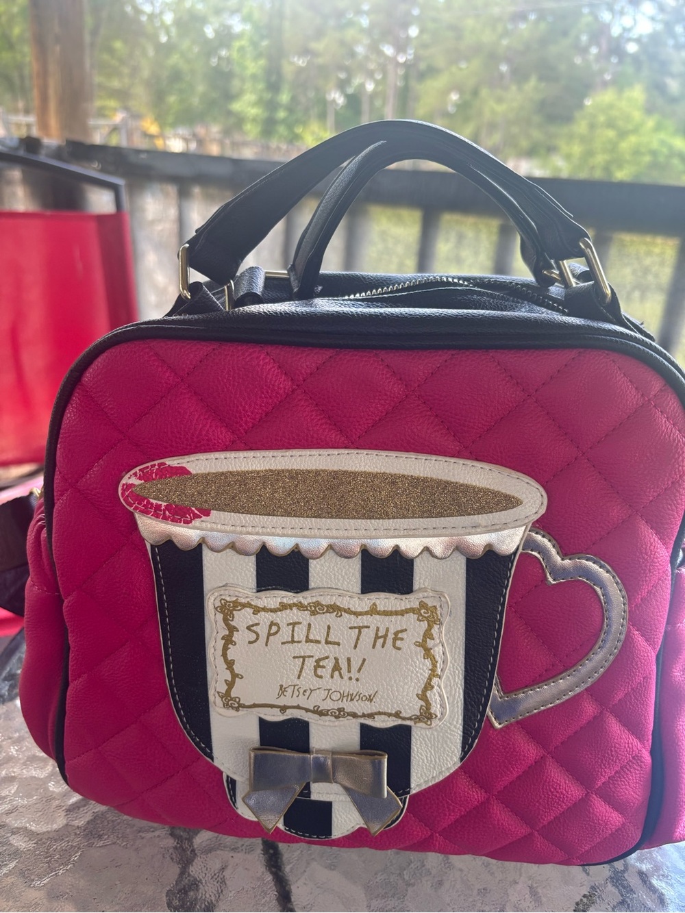 Betsey Johnson Hot Pink Quilted Tea Cup Mini Satchel Carrying Bag